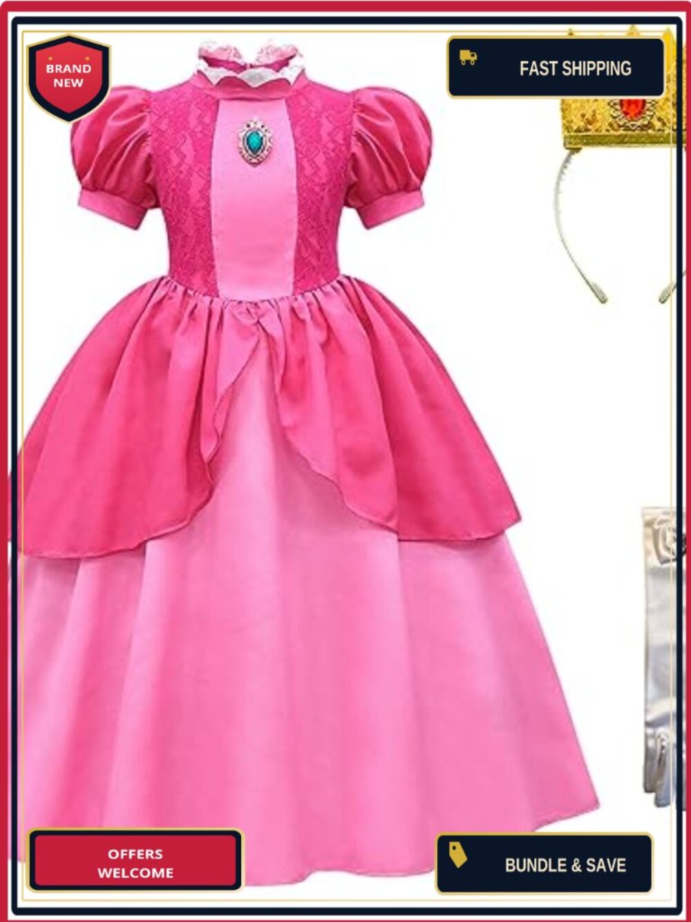 Princess Peach Costume Dress Crown Gloves Cosplay Halloween